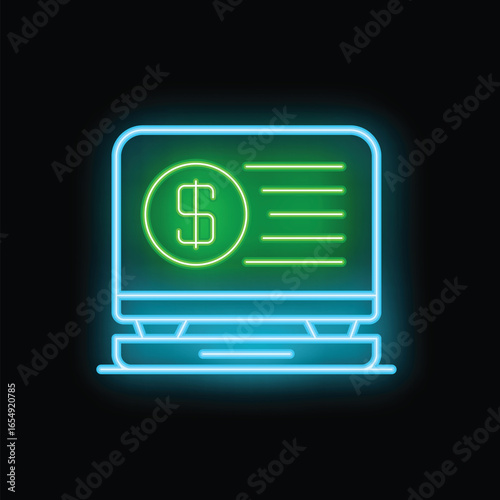 Neon laptop showing dollar sign and stats graph on screen representing online business and finance