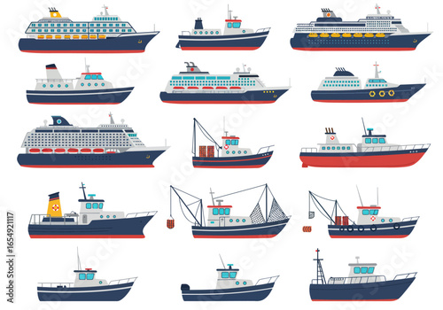 Collection of Diverse Ships and Boats: Cruise Ships Fishing Vessels and More.