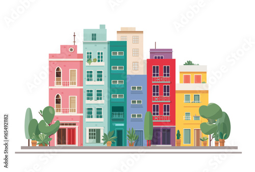 
Simplified flat illustration of colorful city buildings with trees, white background, vector graphic on the side of clip art, simple shapes, cute and modern design.