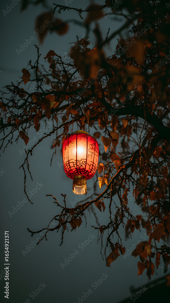 Fototapeta premium Red Lantern Hanging Under Tree During Mid Autumn Festival Surrounded by Autumn Leaves