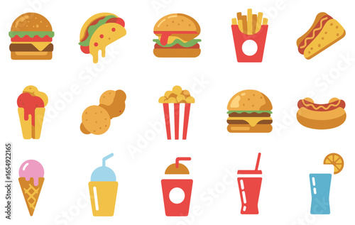 A clean outline vector set of fast food icons including burgers, tacos, pizza, fries, hot dogs, sandwiches, chicken wings, nuggets, popcorn, ice cream, milkshakes, sauces, and soft drinks. Perfect for