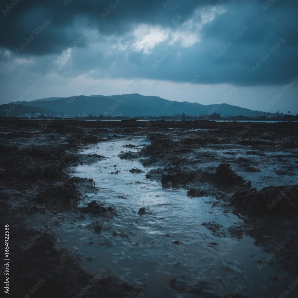 Fototapeta premium Moody landscape of a tidal flat at low tide with a stream of water flowing towards the ocean under a stormy sky
