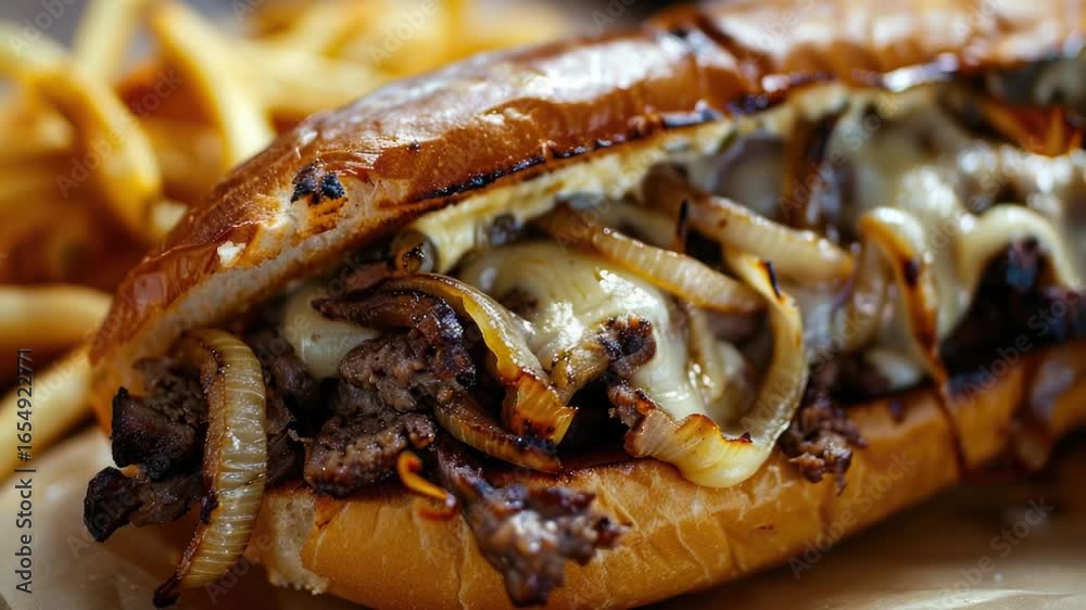 A juicy steak sandwich with caramelized onions and melted cheese on a toasted bun A juicy steak sandwich with caramelized onions and melted cheese on a toasted bun