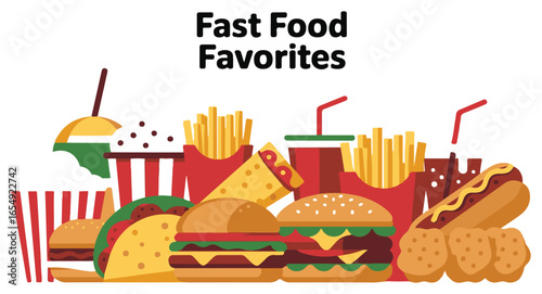 A clean outline vector set of fast food icons including burgers, tacos, pizza, fries, hot dogs, sandwiches, chicken wings, nuggets, popcorn, ice cream, milkshakes, sauces, and soft drinks. Perfect for