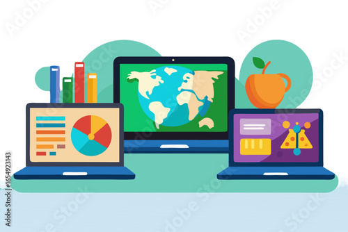 Laptops with Math, Geography, and Art Subjects – Flat School Vector Illustration