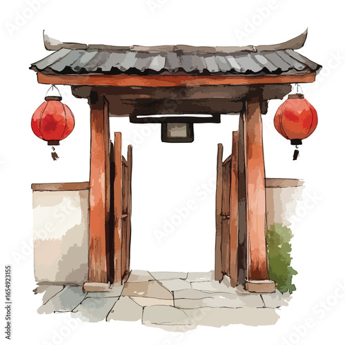 Watercolor style Chinese gate with red lanterns and traditional roof
