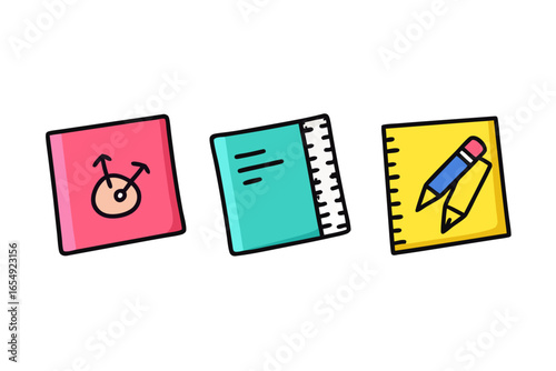 Colorful Sticky Notes with School Doodles – Flat Vector Illustration