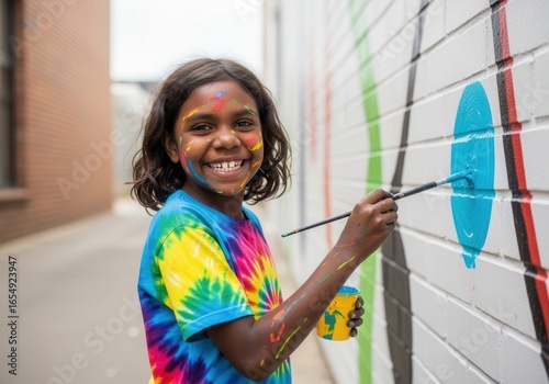 joyful 7-year-old indigenous australian girl with colorful paint on face and arms wearing tie-dye shirt painting mural on brick wall in urban alleyway