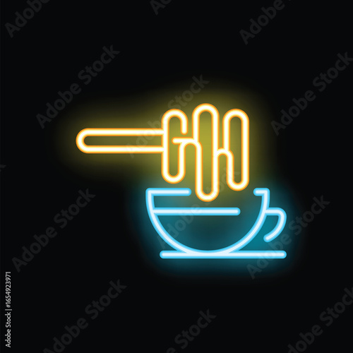 Bright yellow neon honey dipper dripping honey into blue neon teacup on black background