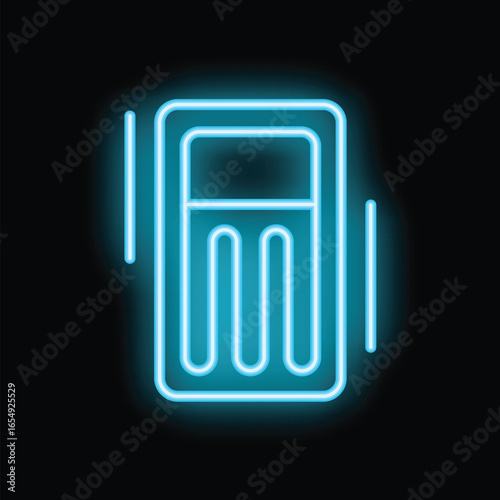 Bright blue neon sign of air mattress for camping glowing on black background