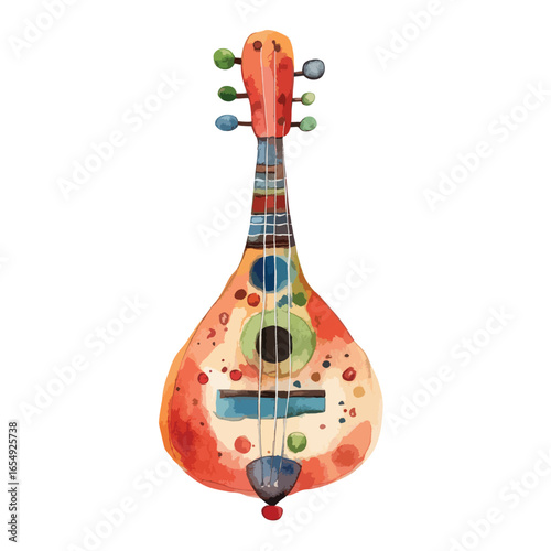 Watercolor Style Mandolin with Colorful Accents and Detailed Fretboard