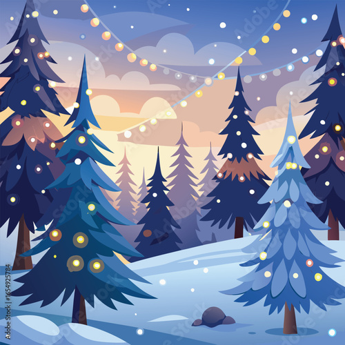Magical winter forest scene with glowing christmas lights and falling snow