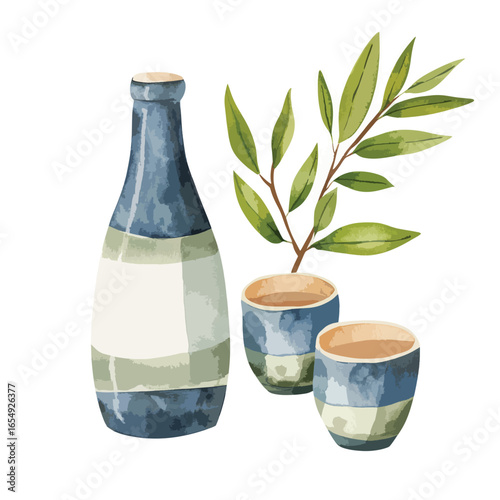 Watercolor Style Still Life Blue Bottle Cups and Green Branch