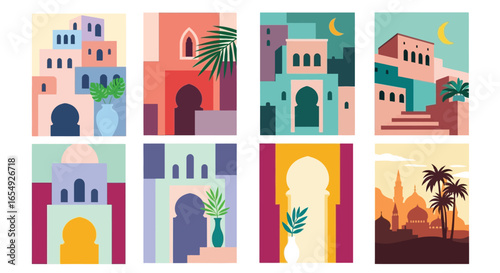 Boho moroccan architecture posters set vector illustration