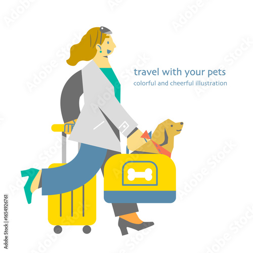 愛犬と一緒に旅行を楽しむ女性　カラフルで楽しいフラットイラスト