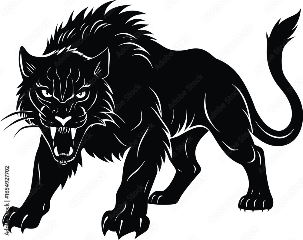 Naklejka premium Black Panther Illustration with Sharp Teeth and Menacing Gaze on White Background