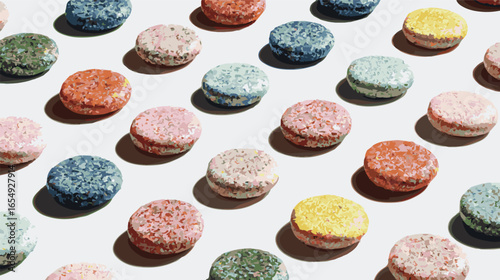 Colorful speckled disc shapes arranged in clean, orderly rows on a white background, abstract geometric pattern.