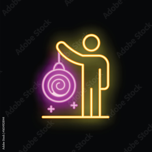 Neon style icon of a hypnosis therapist swinging a pendulum, representing concepts like therapy, relaxation, and subconscious