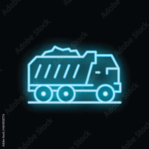 Blue neon icon of a dumper truck carrying load, glowing on black background