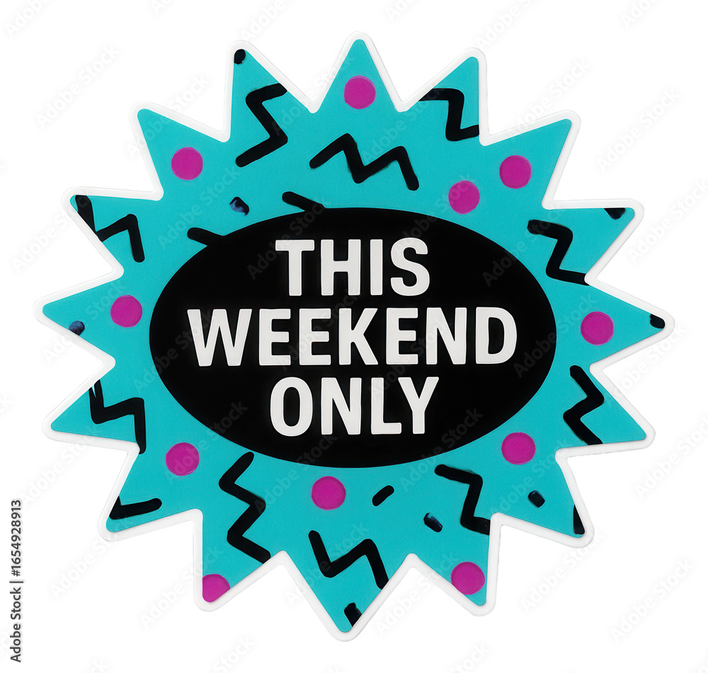 Fototapeta premium Vibrant star-shaped sticker with THIS WEEKEND ONLY offer in bold text, compelling retail promo design on transparent background.