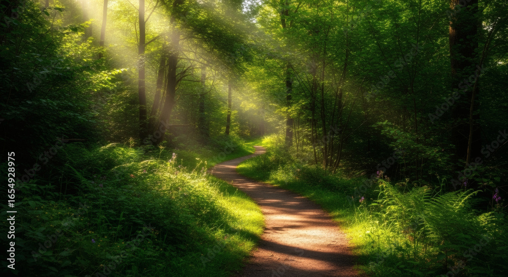 Obraz premium Sunlit Forest Path Through Lush Greenery.