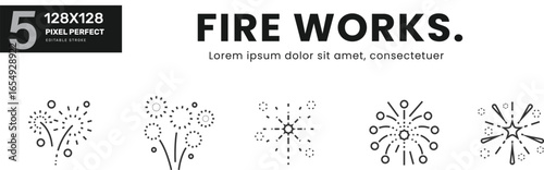 Fire works Item line Icon Set collection . celebration, festival, new year, star, stars, rocket, rockets, salute, display, explosion, burst. Linear pictograms Isolated Vector Illustration	
