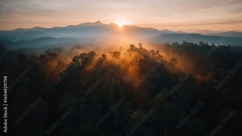 Fototapeta premium The sun is setting over a forest, casting a warm glow on the trees. The sky is a mix of orange and pink hues, creating a serene and peaceful atmosphere