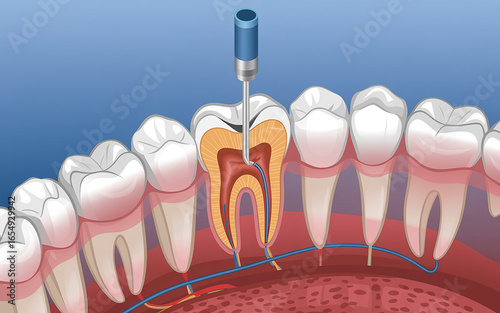 Detailed Illustration of Root Canal Procedure Showing Dental Anatomy and Instrumentation