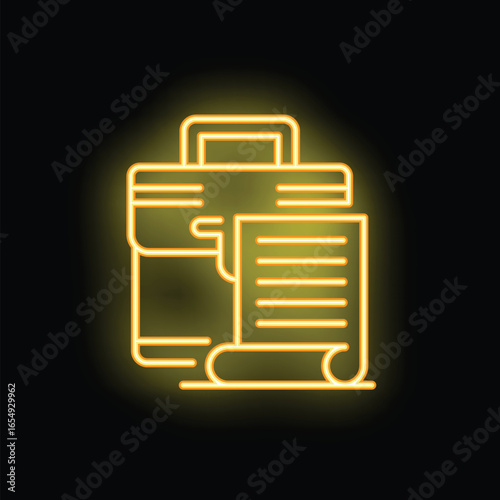Bright yellow neon sign depicting a printer actively producing documents, set against a dark background
