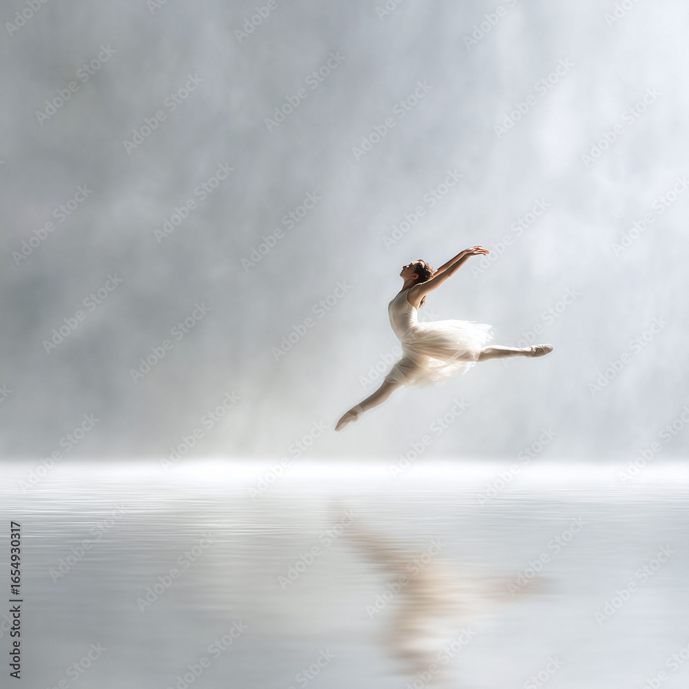 Fototapeta premium Elegant ballerina leaps gracefully above reflective water. Expresses freedom, artistry, and ethereal beauty. Ideal for dance, art, and inspirational themes.