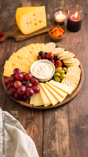 Cheese and fruit platter on a wooden board