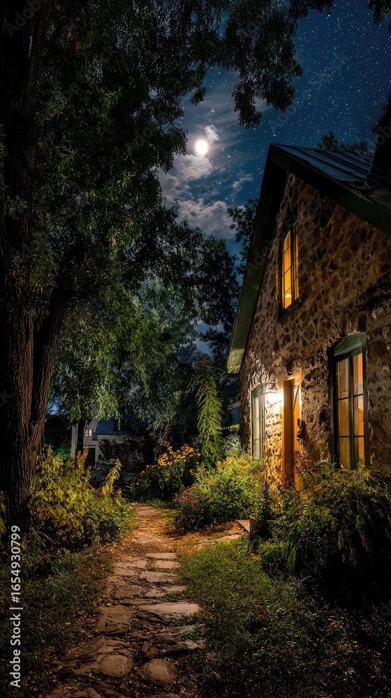 Obraz premium Moonlight path to a stone house