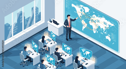 Global Business Network Meeting with World Map on Interactive Screen