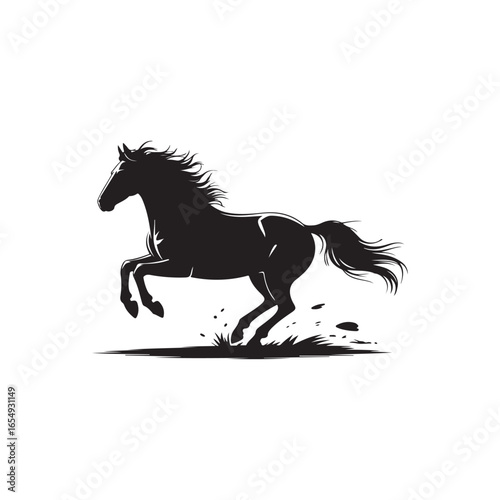 Black silhouette of a powerful horse rearing up isolated on white background