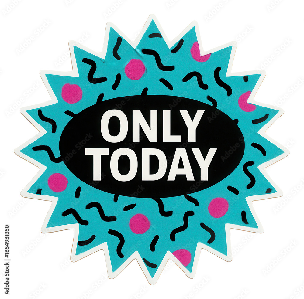 Fototapeta premium Bright blue burst sticker with ONLY TODAY promotional message in bold text, vibrant retail discount offer on transparent background.