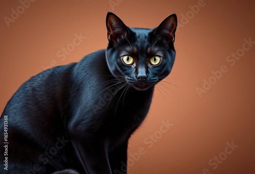Sleek black cat sits on brown backdrop, intense gaze,  whiskers,  one