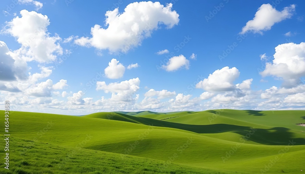 Fototapeta premium Rolling green hills under a vibrant blue sky dotted with fluffy white clouds, earth, white clouds