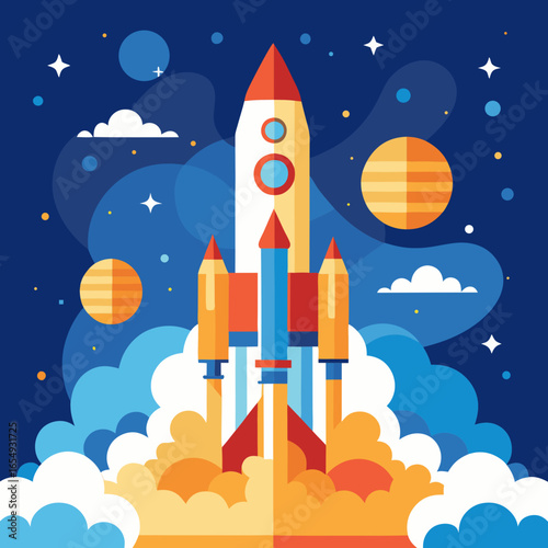Dynamic rocket launch symbolizes innovation and progress, blasting off into the cosmos with vibrant energy and futuristic ambition for groundbreaking ventures.