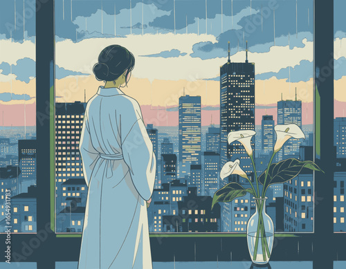 ilustracion de una persona con un kimono, un atuendo tradicional japonés, de pie junto a una ventana. Vista urbana moderna
