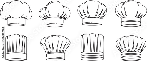 Eight different styles of chef hats in black outline on white background toque blanche