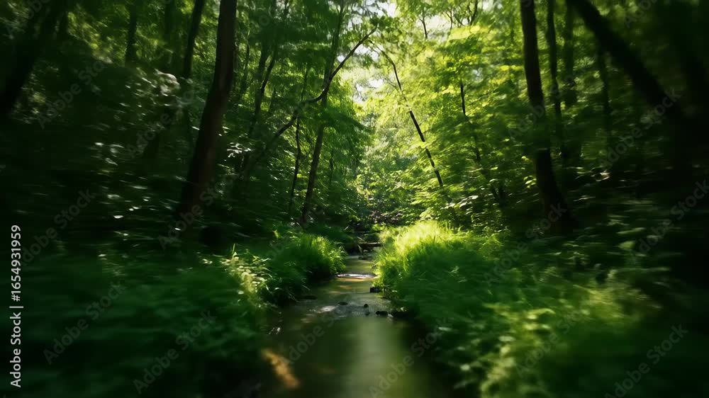Lush Forest Stream: Tranquil Nature Scene with Sunlight and Motion Lush Forest Stream: Tranquil Nature Scene with Sunlight and Motion