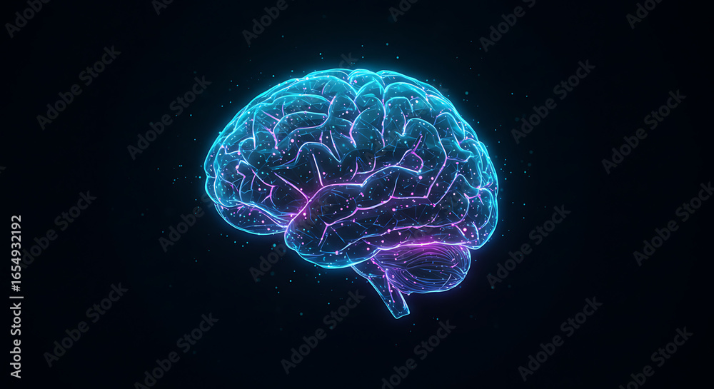 Obraz premium A glowing, ethereal brain, a digital representation of intellect and the complexities of human thought.