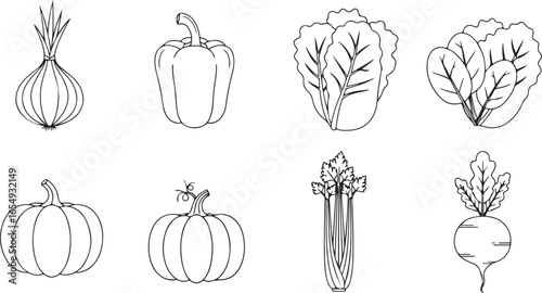 Set of eight black and white outline illustrations of various vegetables and produce