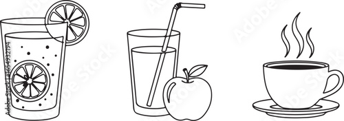 Three black and white outline illustrations of drinks and fruit: lemonade, juice with apple, and coffee