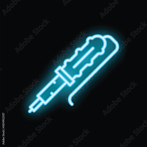 Blue glowing neon line soldering iron icon isolated on black background