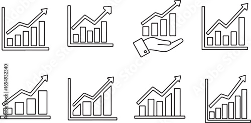 Collection of eight simple line art bar graph and line chart icons with a hand business