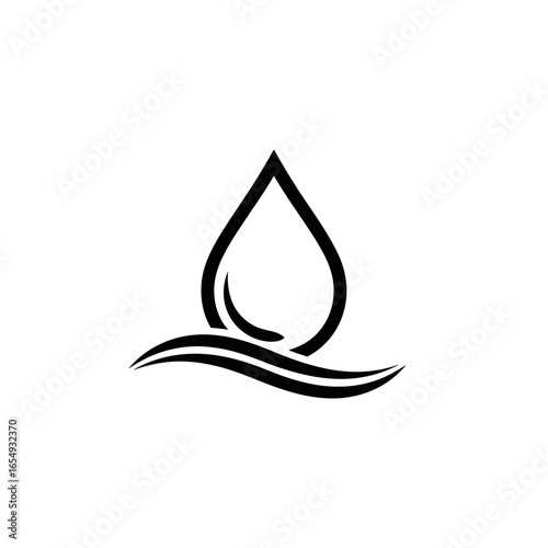 A black and white graphic of a water droplet above two curved lines design