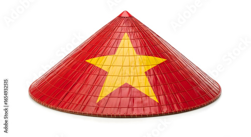 Vietnamese conical hat painted with national flag, red background and yellow star, symbol of culture, tradition, and patriotism, isolated on white background.