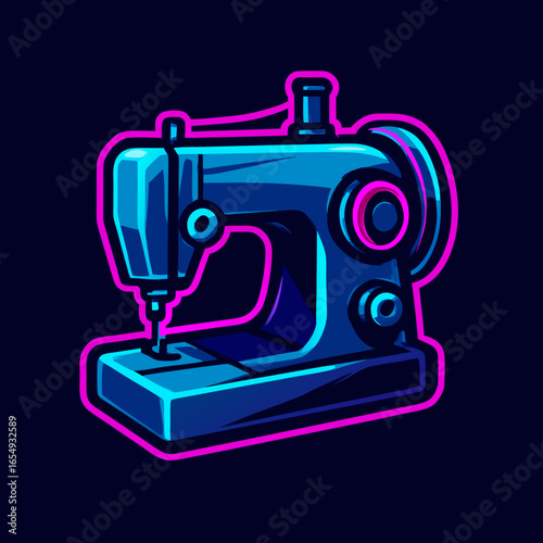 Vibrant blue and pink neon sewing machine vector art. A stylish icon representing the art of tailoring, dressmaking, and creative needlecraft in a modern style.