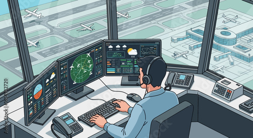 Illustrative Depiction Of An Air Traffic Controller In Control Tower